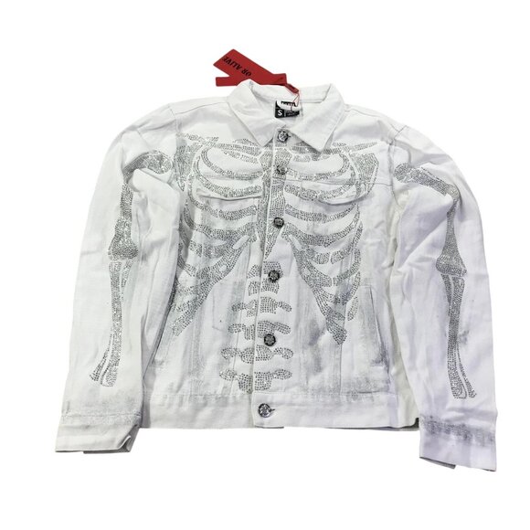 Guapi White Crystal Skeleton Jean Jacket with Silver Detailing Ltd Ed Mens Sz. M - Picture 2 of 14